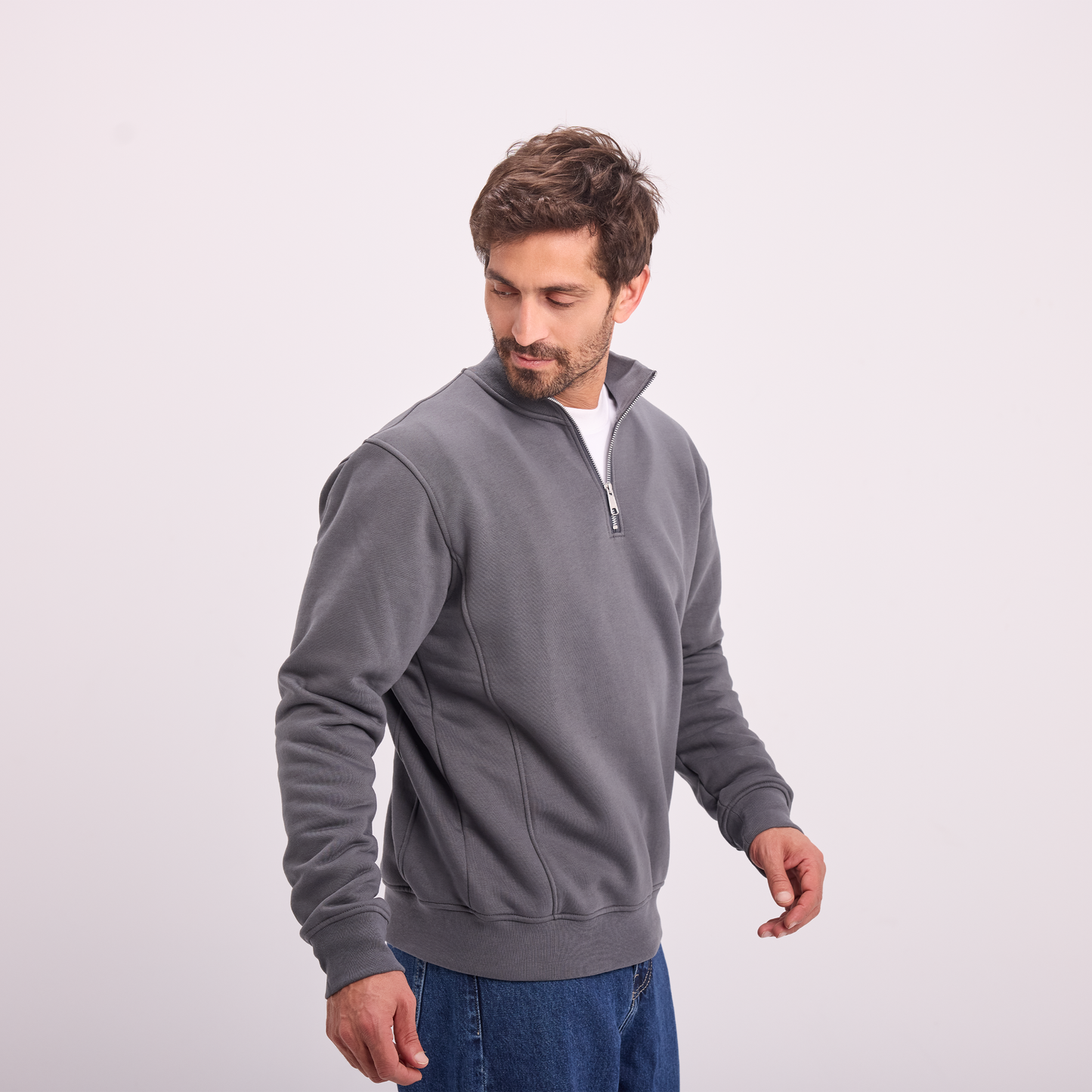 Gray quarter-zip high collar sweatshirt