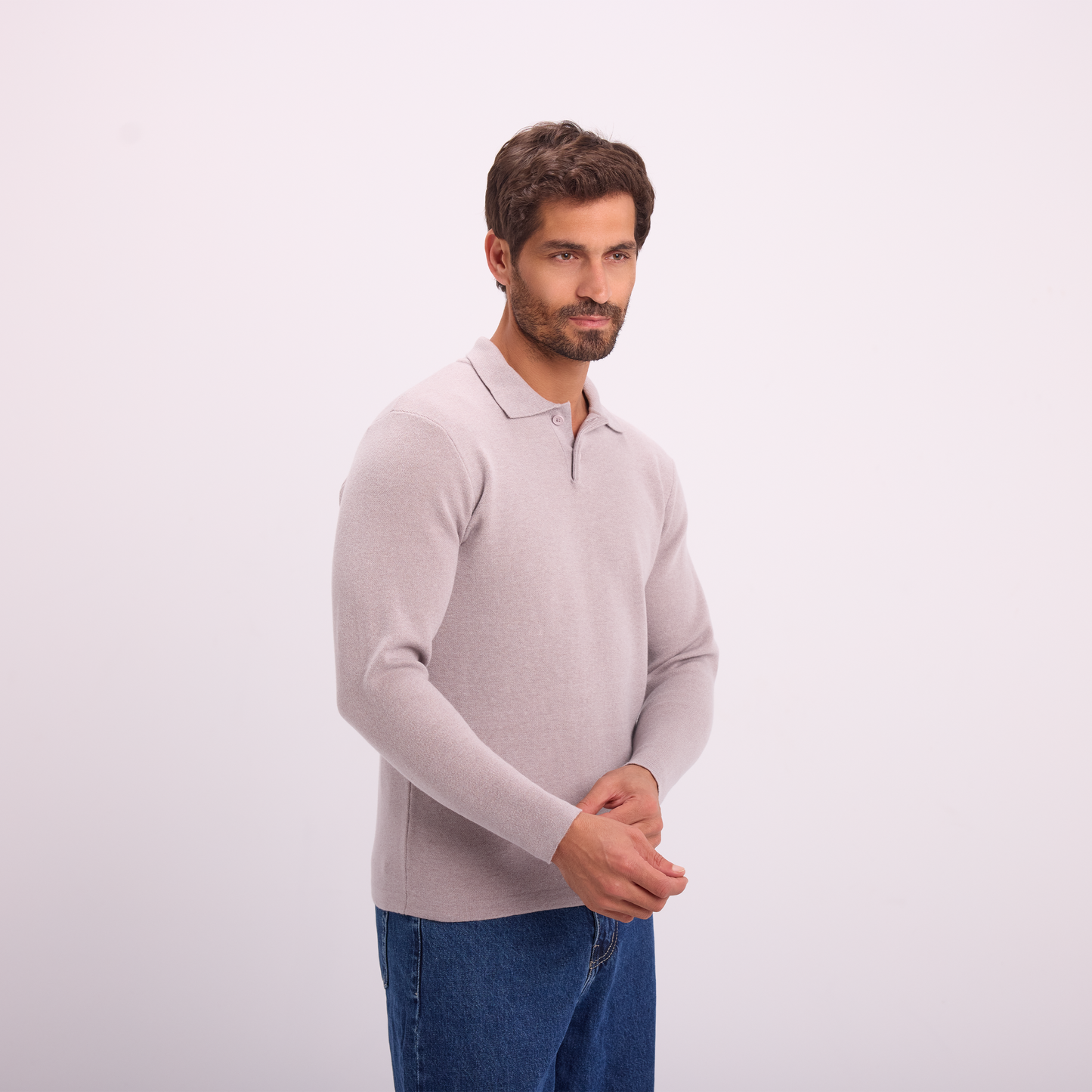 Light Gray Knit Long-Sleeve Polo