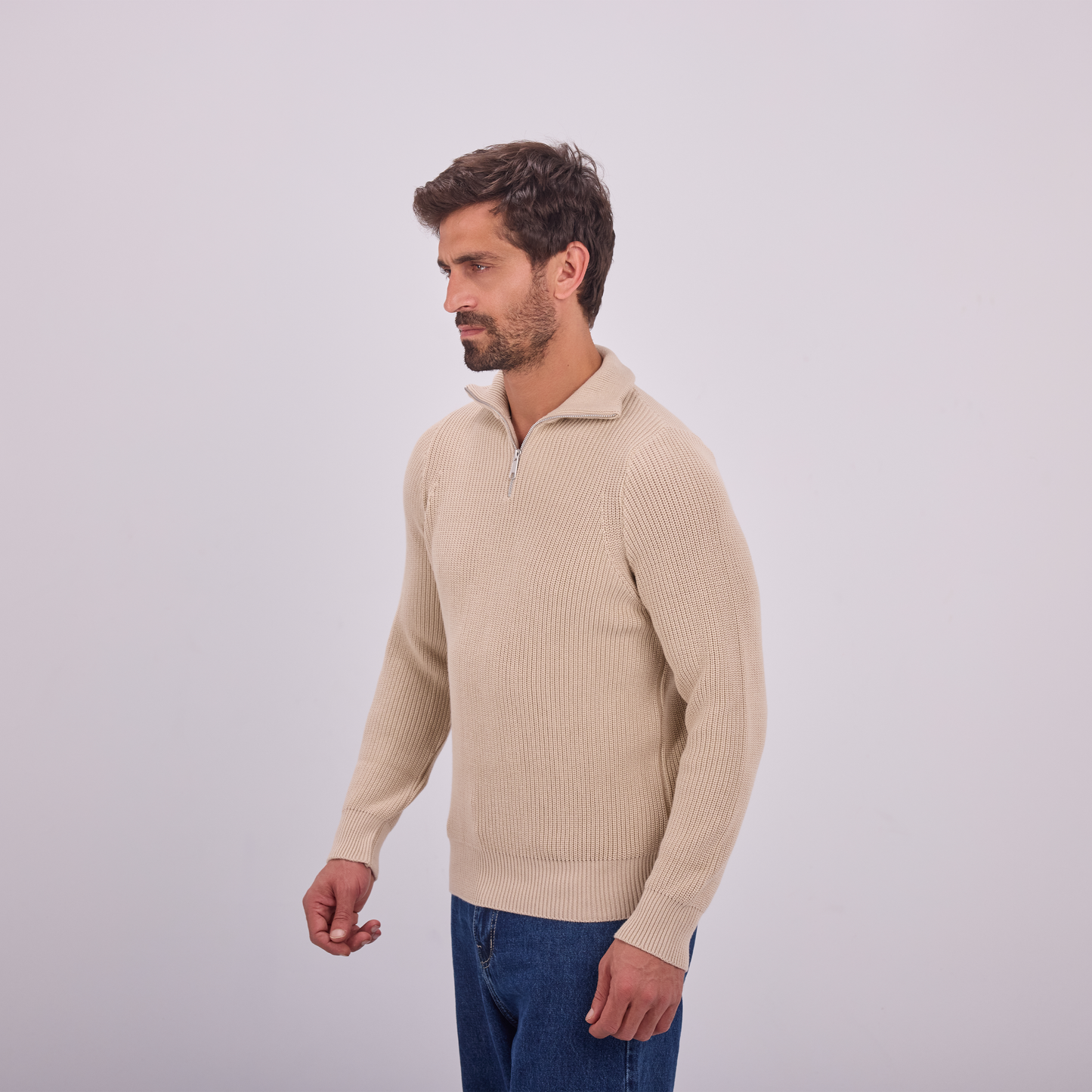 Beige Knit Quarter-Zip Pullover