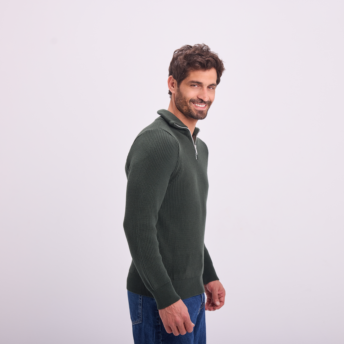 Knit Quarter-Zip Pullover in Olive, SVNTY, view 3 of 6