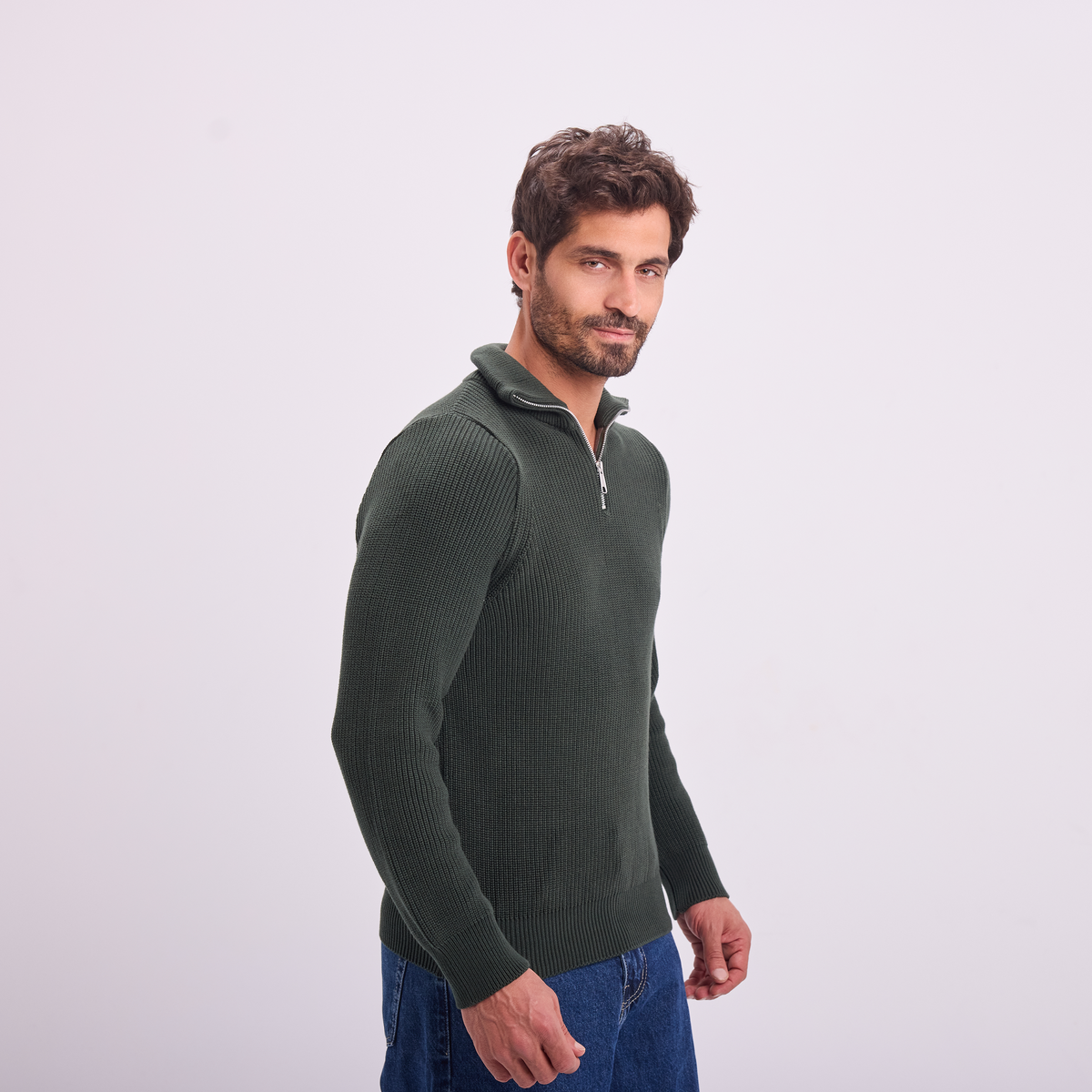Knit Quarter-Zip Pullover in Olive, SVNTY, view 4 of 6