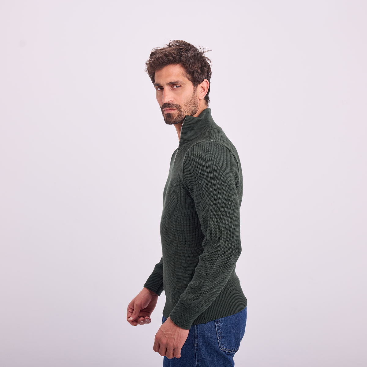 Knit Quarter-Zip Pullover in Olive, SVNTY, view 6 of 6