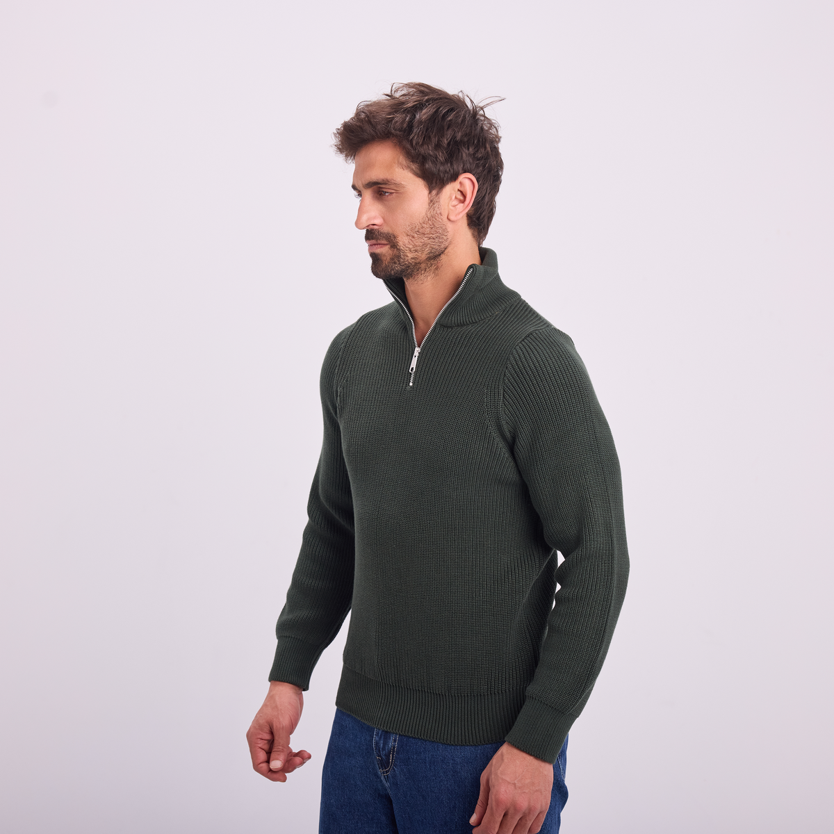 Knit Quarter-Zip Pullover in Olive, SVNTY, view 5 of 6