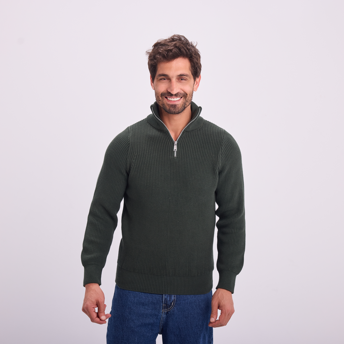 Knit Quarter-Zip Pullover in Olive, SVNTY, view 1 of 6