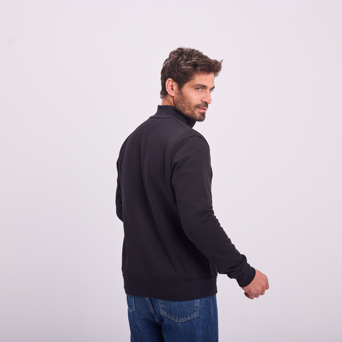 Quarter-Zip High Collar Sweatshirt in Black, SVNTY, view 2 of 6