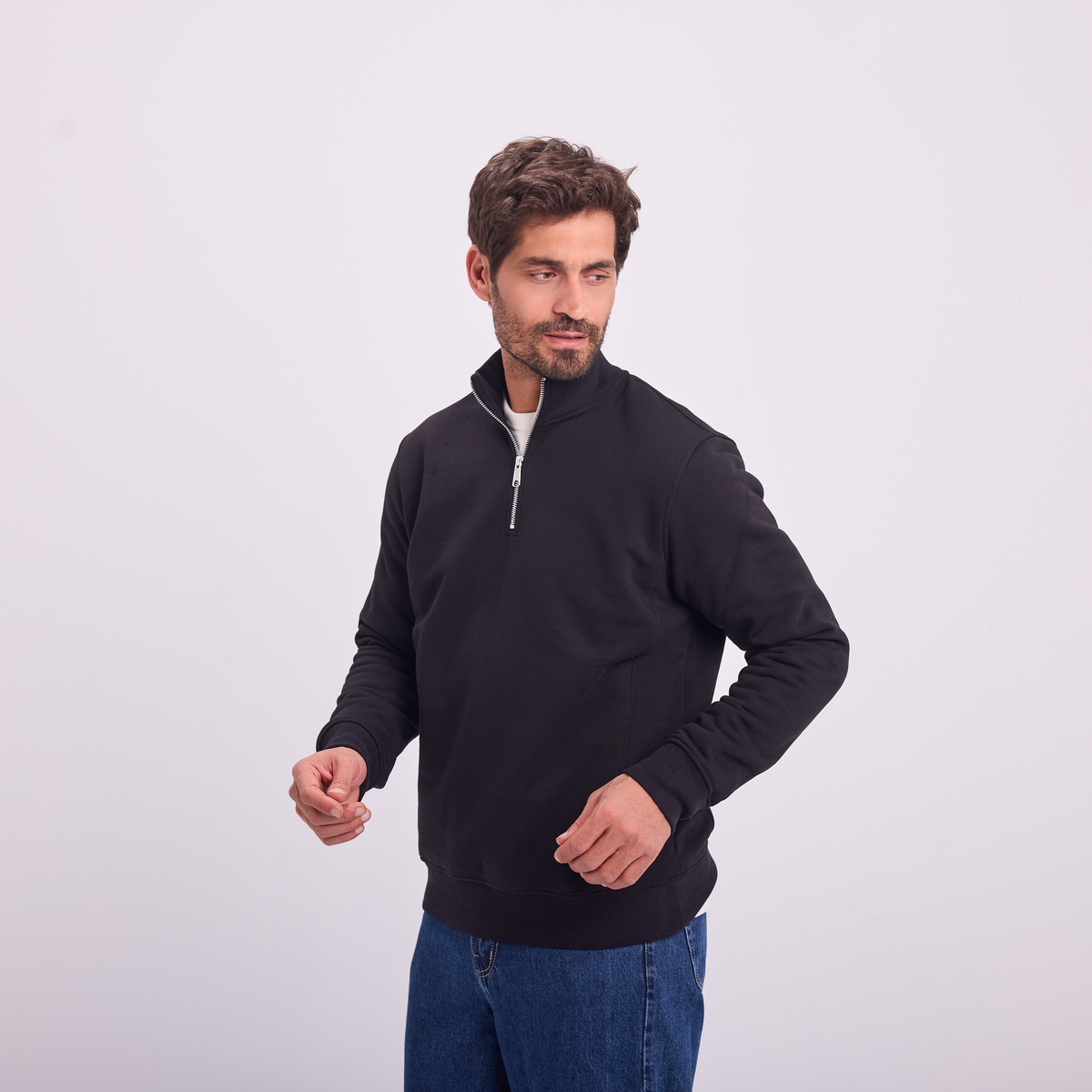 Quarter-Zip High Collar Sweatshirt in Black, SVNTY, view 4 of 6
