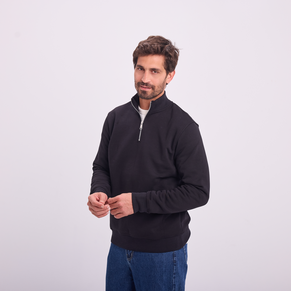 Quarter-Zip High Collar Sweatshirt in Black, SVNTY, view 5 of 6