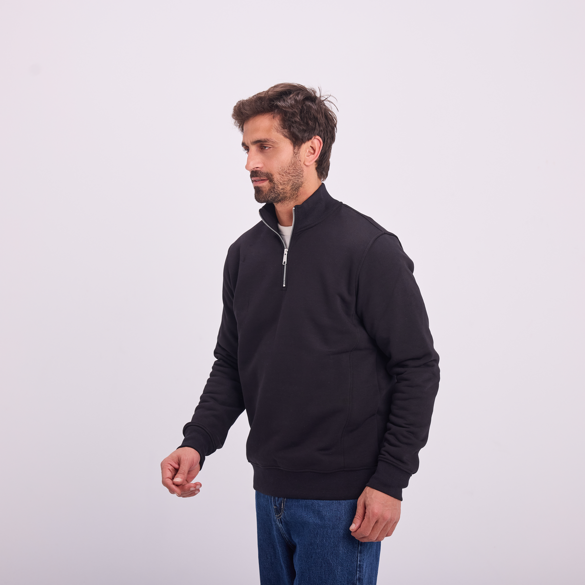 Quarter-Zip High Collar Sweatshirt in Black, SVNTY, view 6 of 6