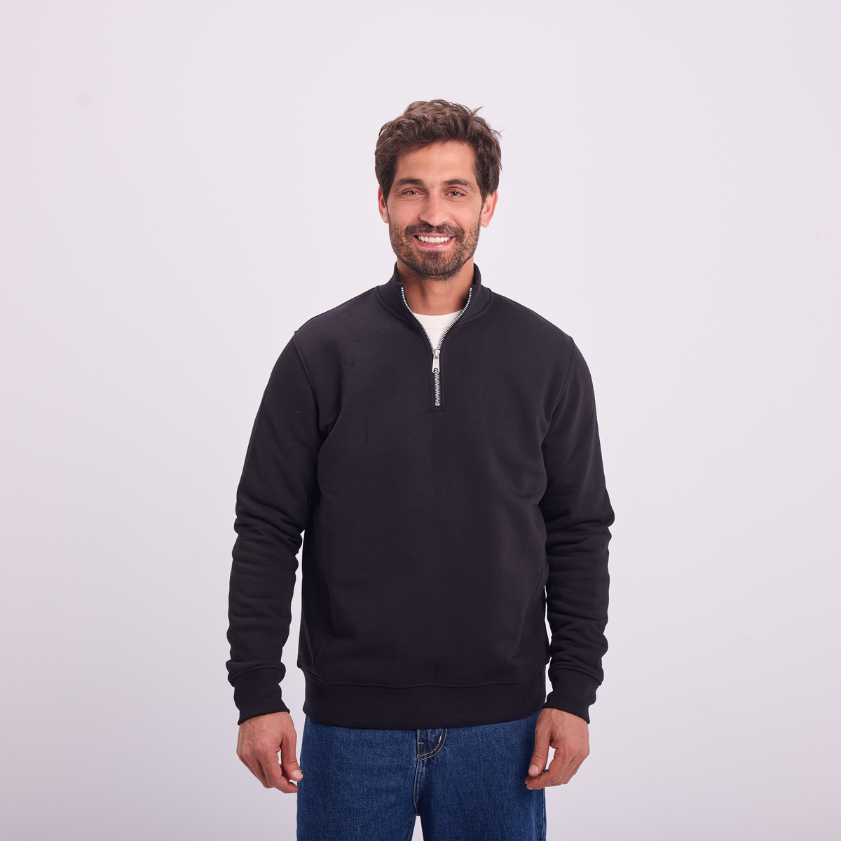Quarter-Zip High Collar Sweatshirt in Black, SVNTY, view 1 of 6