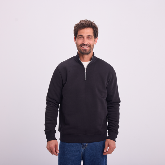 Quarter-Zip High Collar Sweatshirt in Black, SVNTY, view 1 of 6