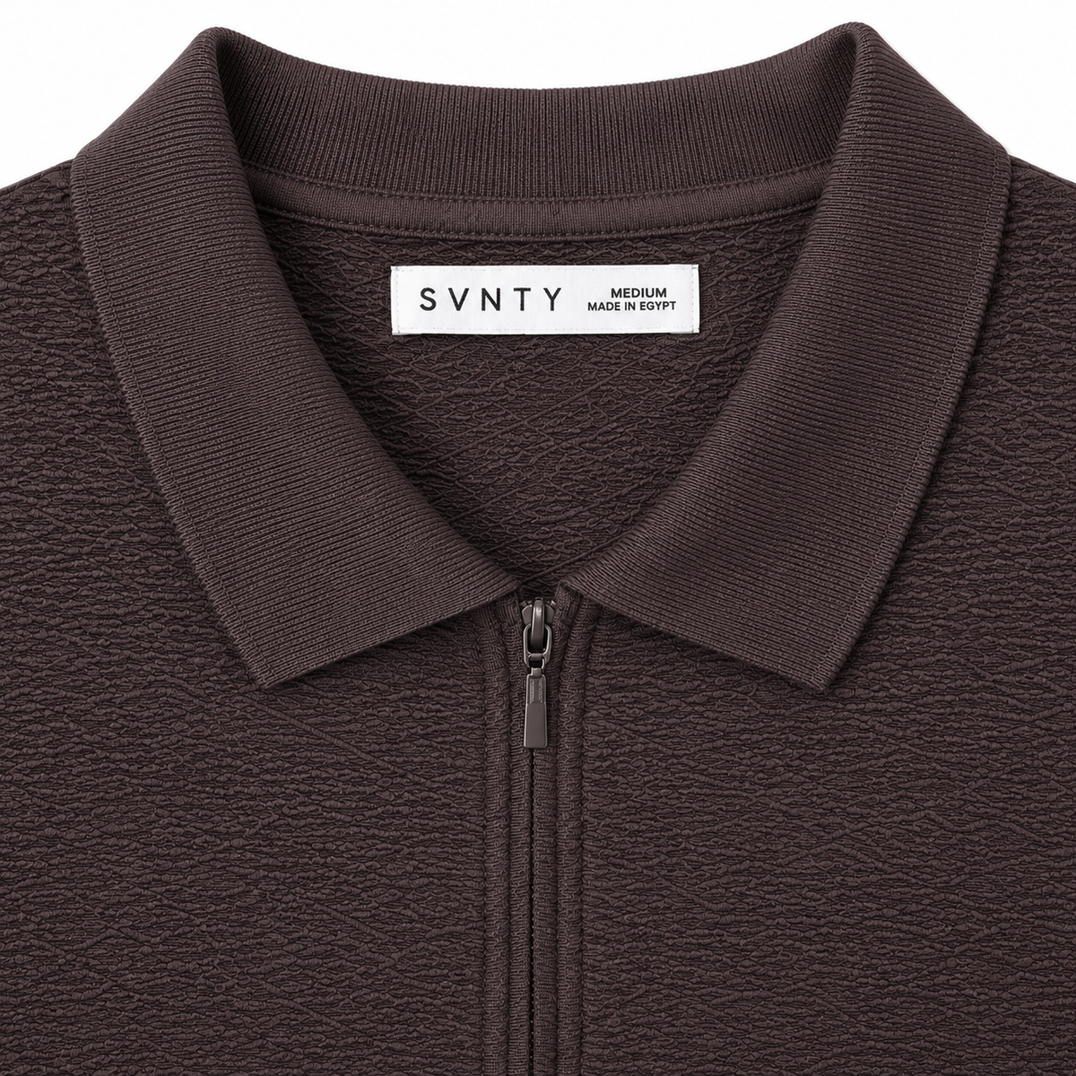 Crinkled Zip Polo in Brown, SVNTY, view 3 of 3