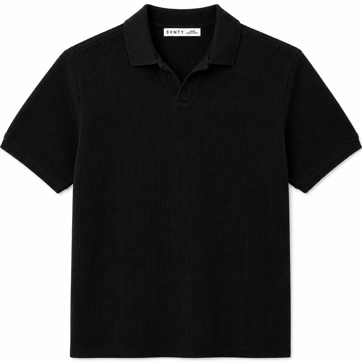 Jacquard Open-Collar Polo in Black, SVNTY, view 1 of 3