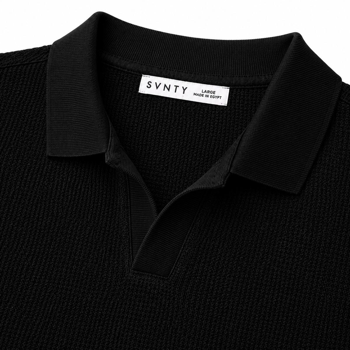 Jacquard Open-Collar Polo in Black, SVNTY, view 3 of 3