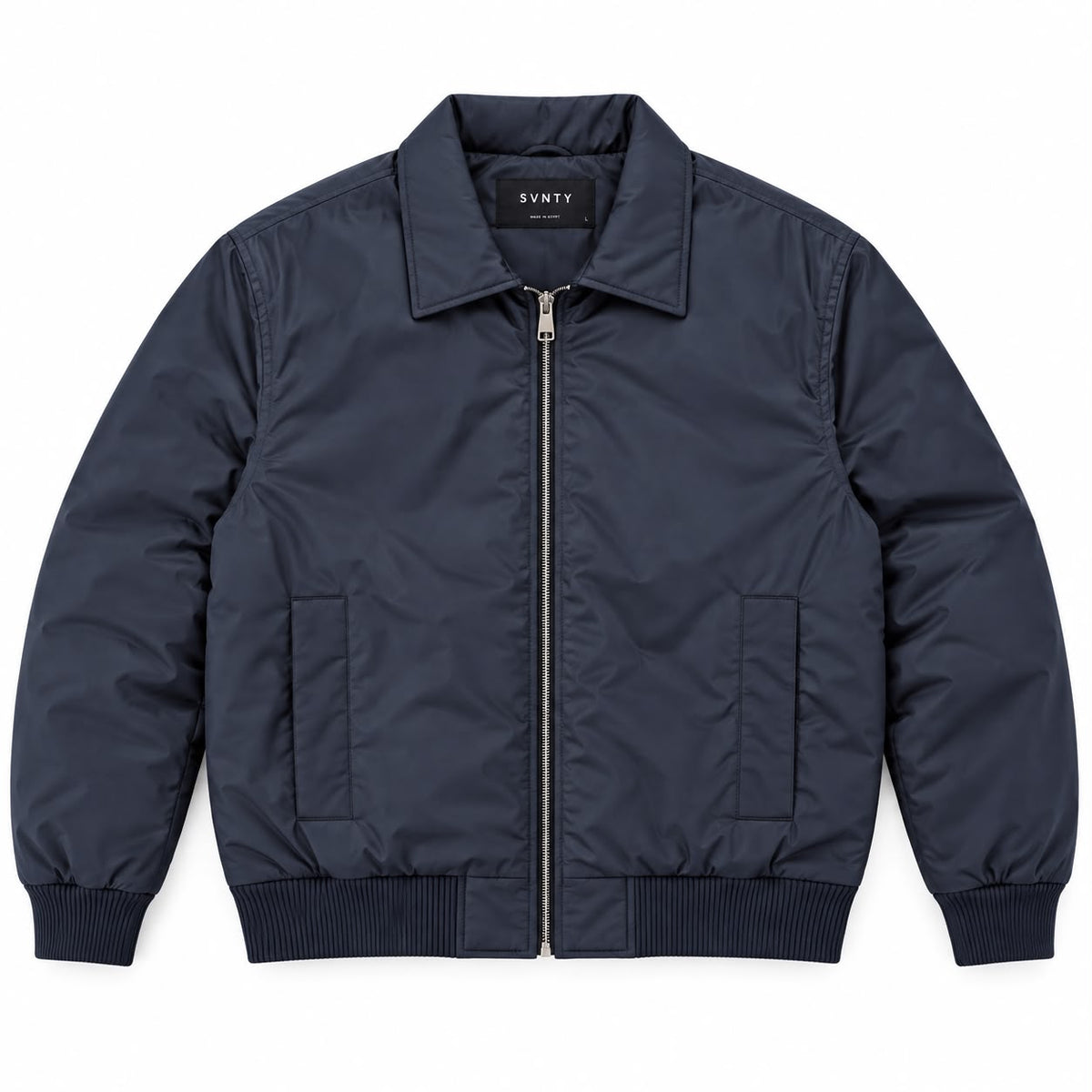 Padded Bomber Jacket in Navy, SVNTY, view 1 of 2