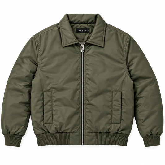 Padded Bomber Jacket in Olive, SVNTY, view 1 of 2