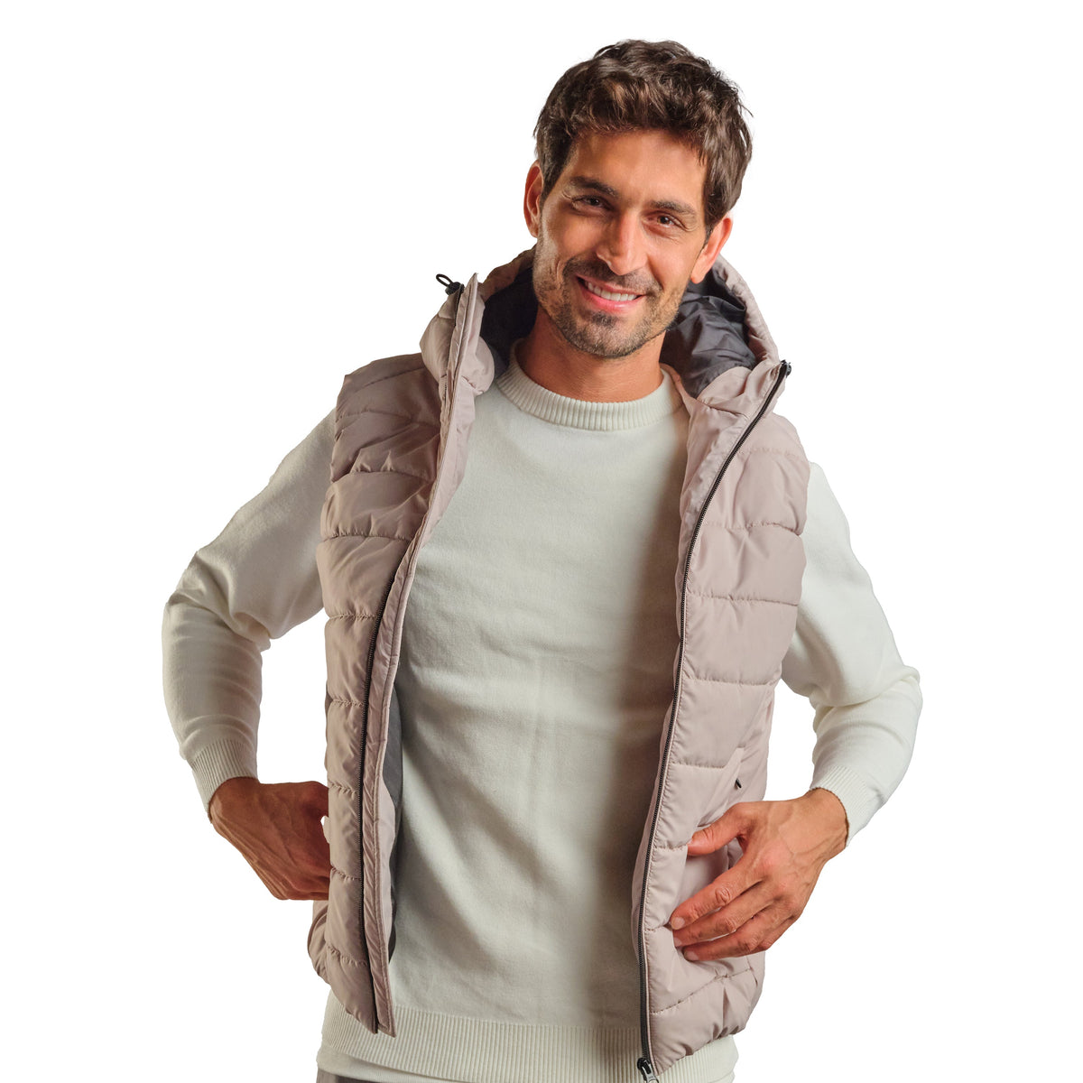 Puffer Hooded Vest in Light Gray, SVNTY, view 1 of 4
