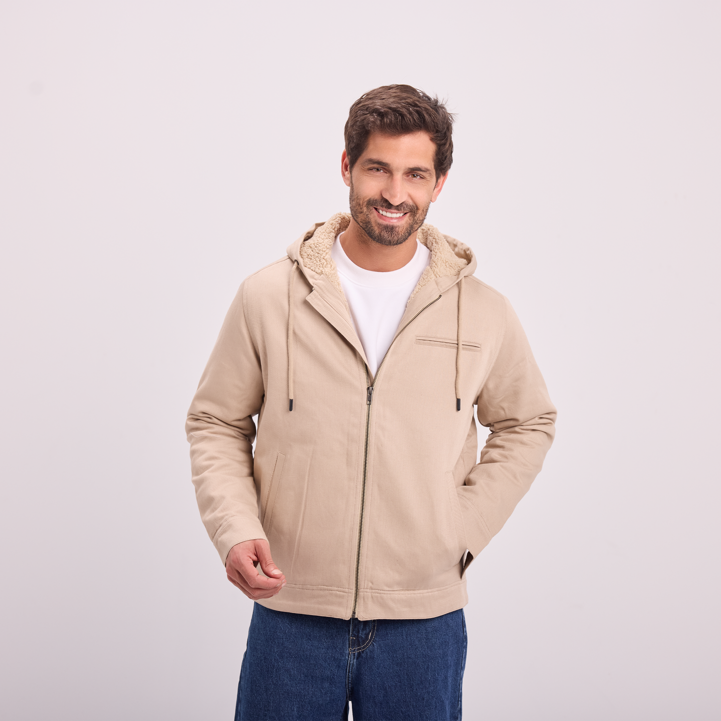 Beige Fur-Lined Zip Jacket