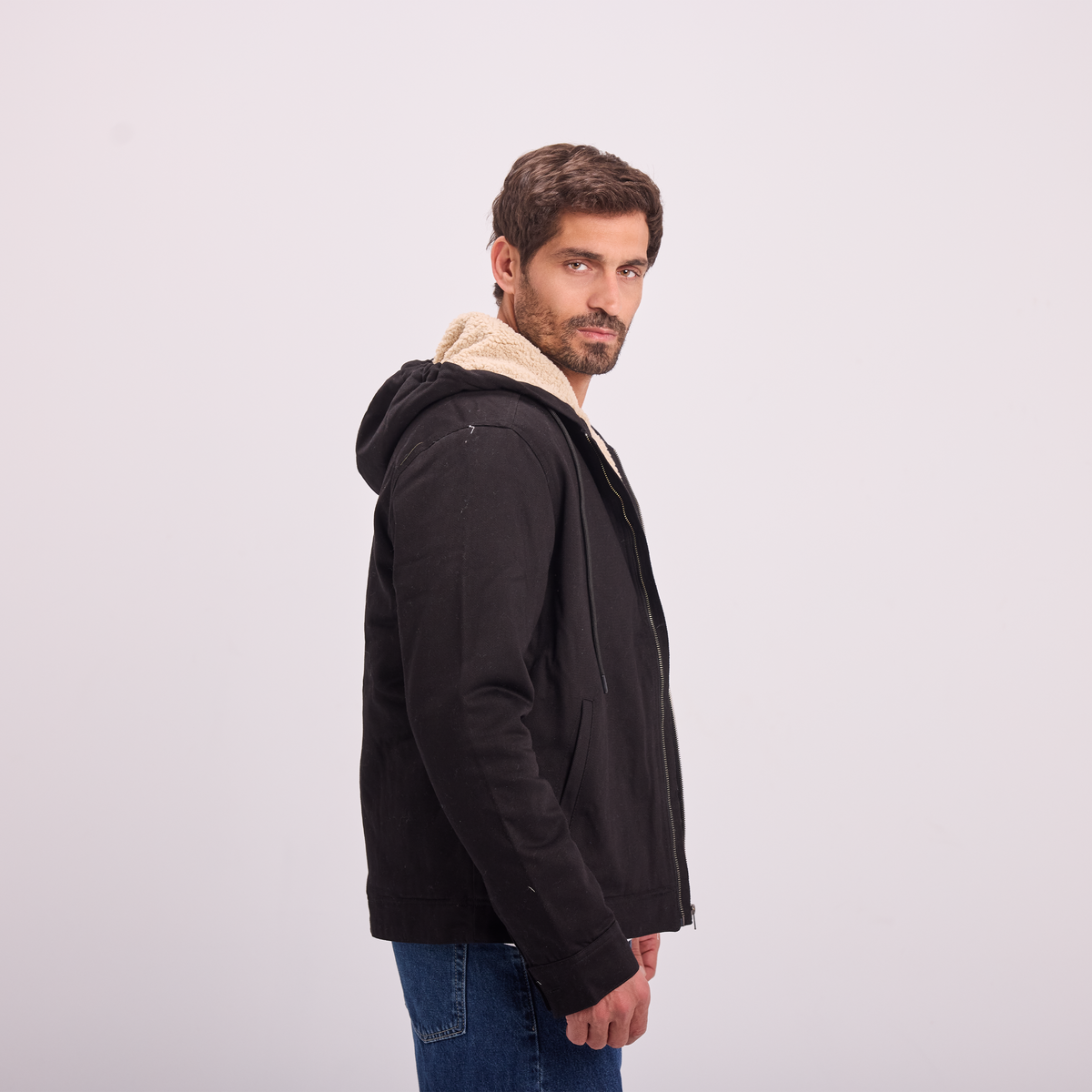 Fur-Lined Zip Jacket in Black, SVNTY, view 2 of 7
