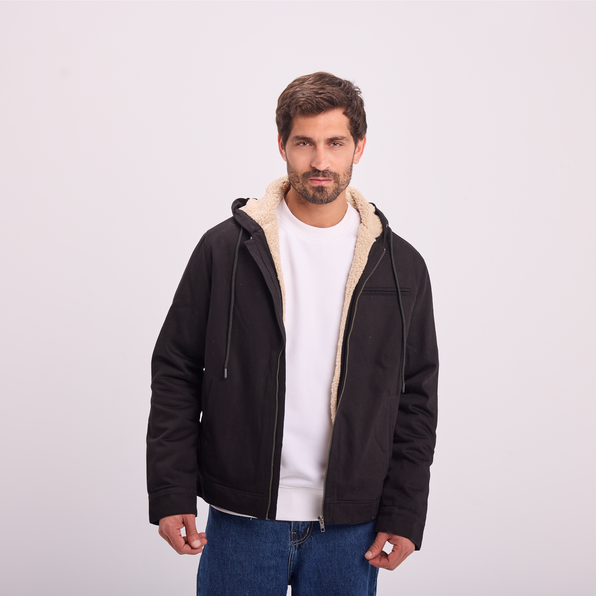 Fur-Lined Zip Jacket in Black, SVNTY, view 3 of 7