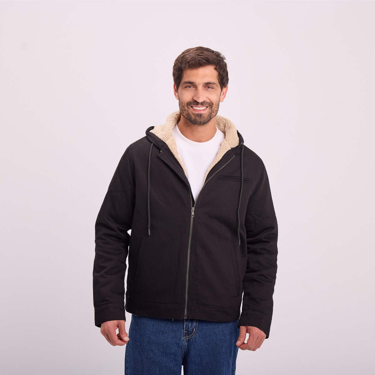 Fur-Lined Zip Jacket in Black, SVNTY, view 1 of 7