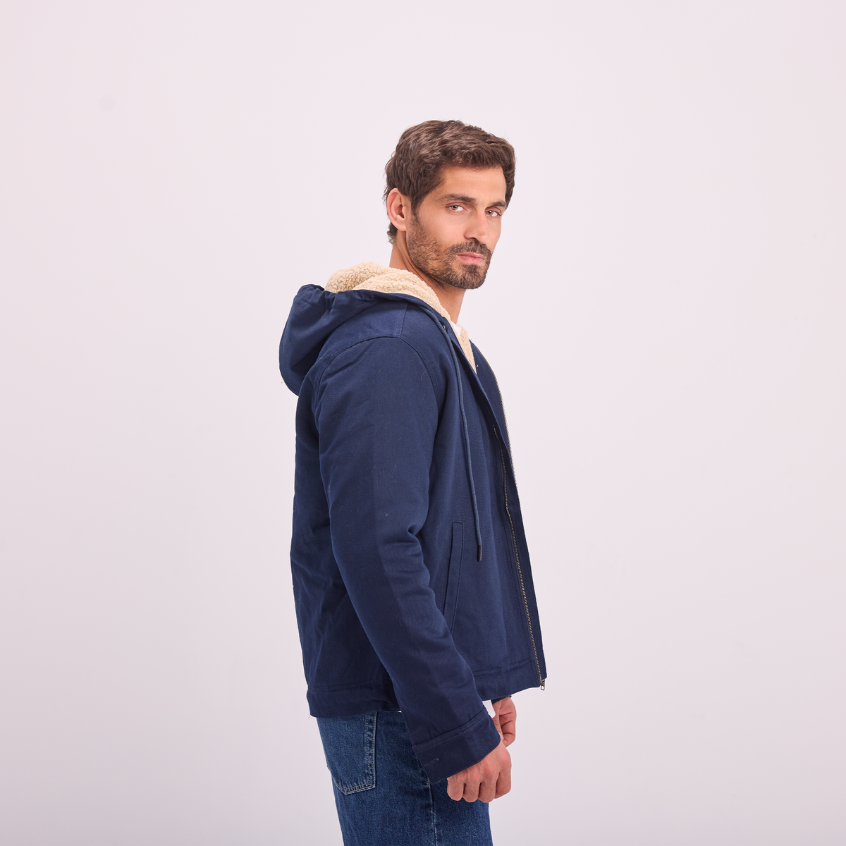 Fur-Lined Zip Jacket in Navy, SVNTY, view 2 of 4