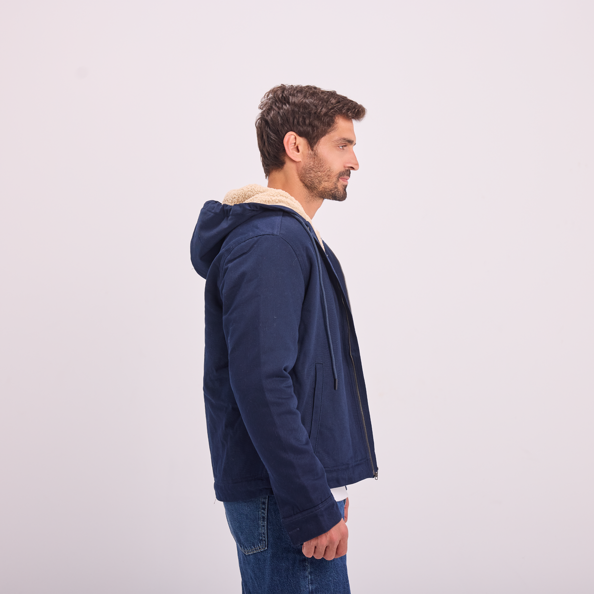 Fur-Lined Zip Jacket in Navy, SVNTY, view 4 of 4