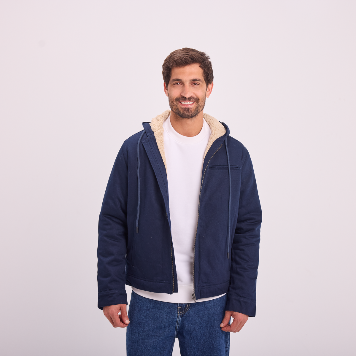 Fur-Lined Zip Jacket in Navy, SVNTY, view 3 of 4