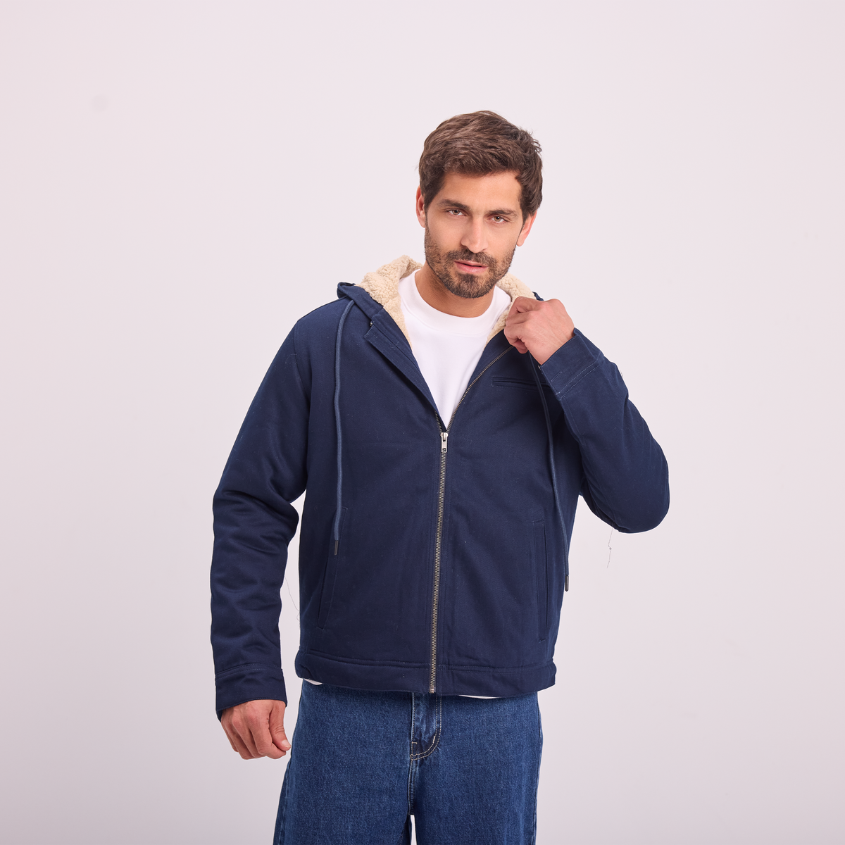 Fur-Lined Zip Jacket in Navy, SVNTY, view 1 of 4