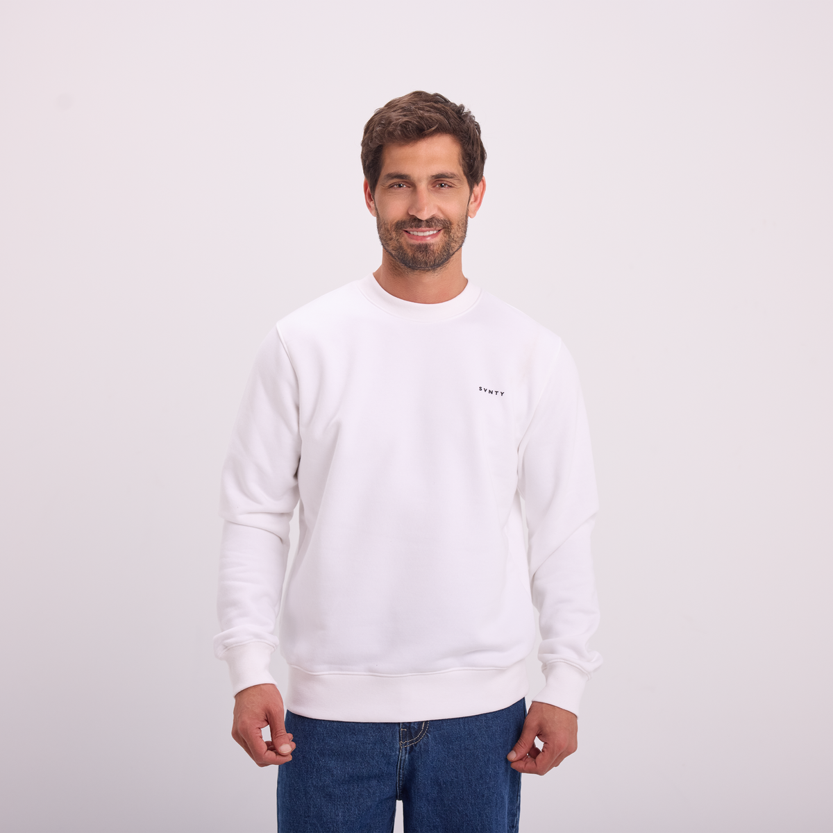Logo Print Crewneck in White, SVNTY, view 1 of 5