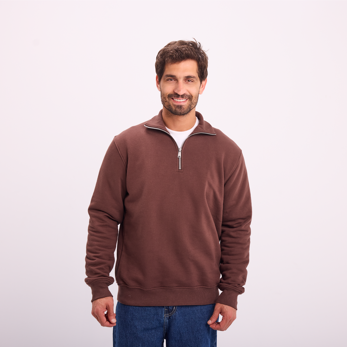 Quarter-Zip Sweatshirt in Brown, SVNTY, view 1 of 5
