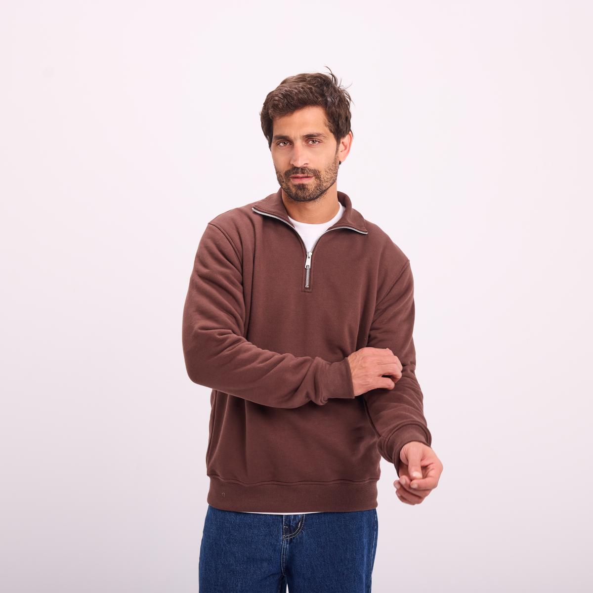 Quarter-Zip Sweatshirt in Brown, SVNTY, view 2 of 5