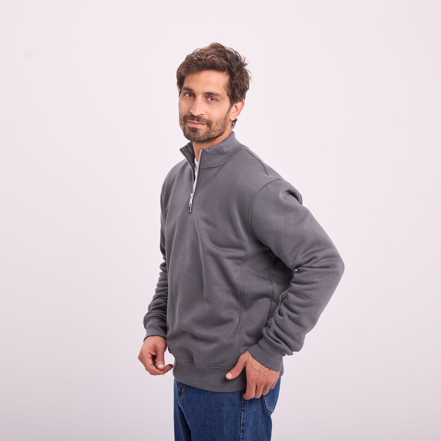 Gray quarter-zip high collar sweatshirt