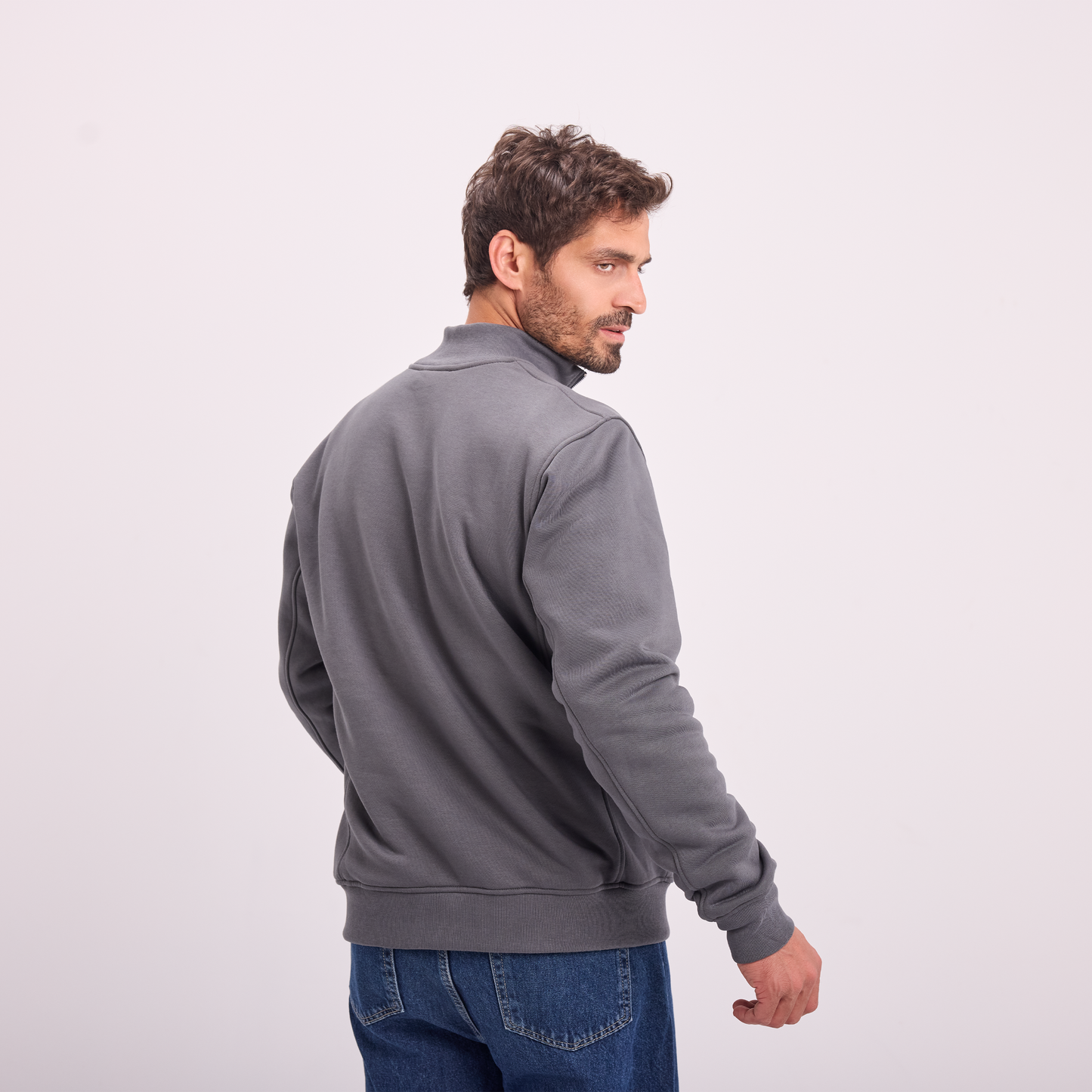 Gray quarter-zip high collar sweatshirt