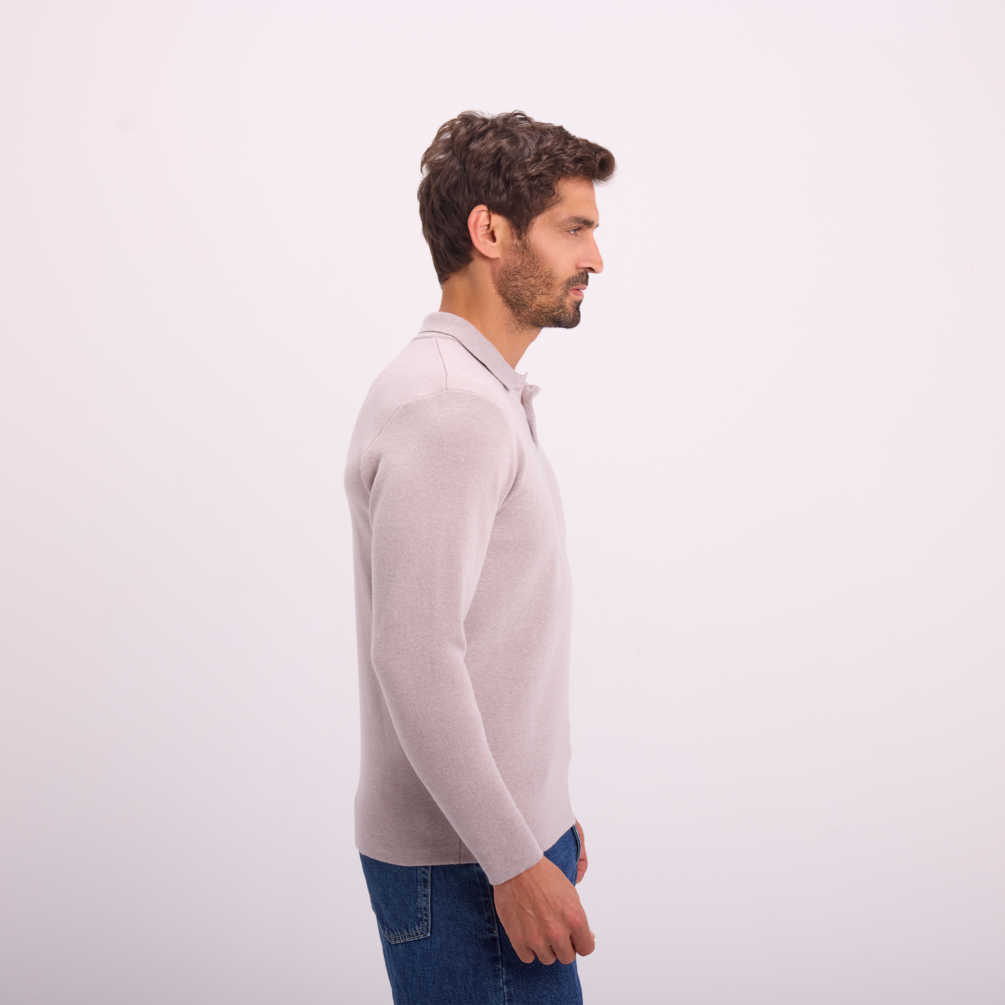 Light Gray Knit Long-Sleeve Polo