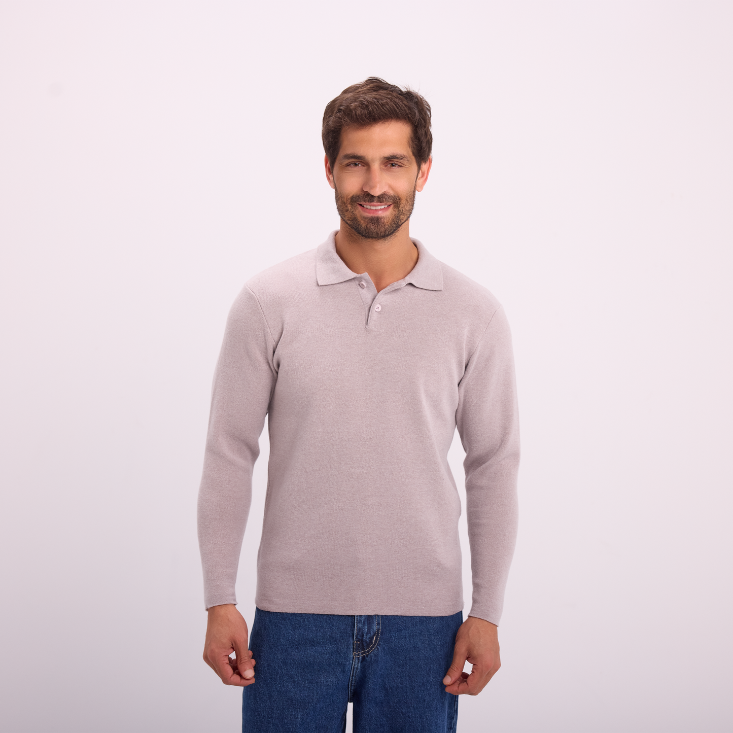Light Gray Knit Long-Sleeve Polo