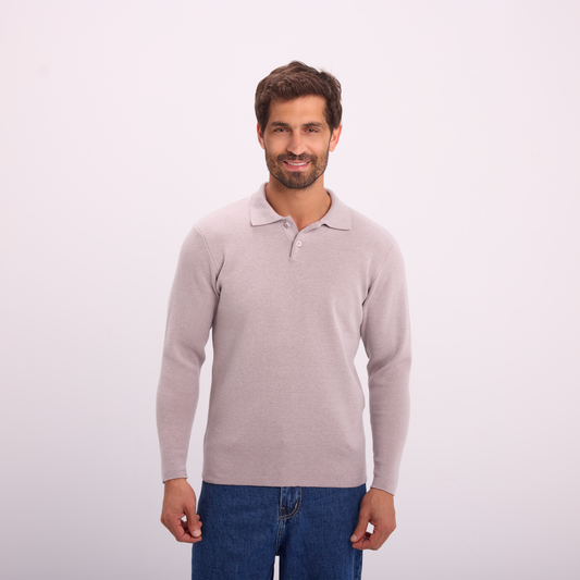 Light Gray Knit Long-Sleeve Polo