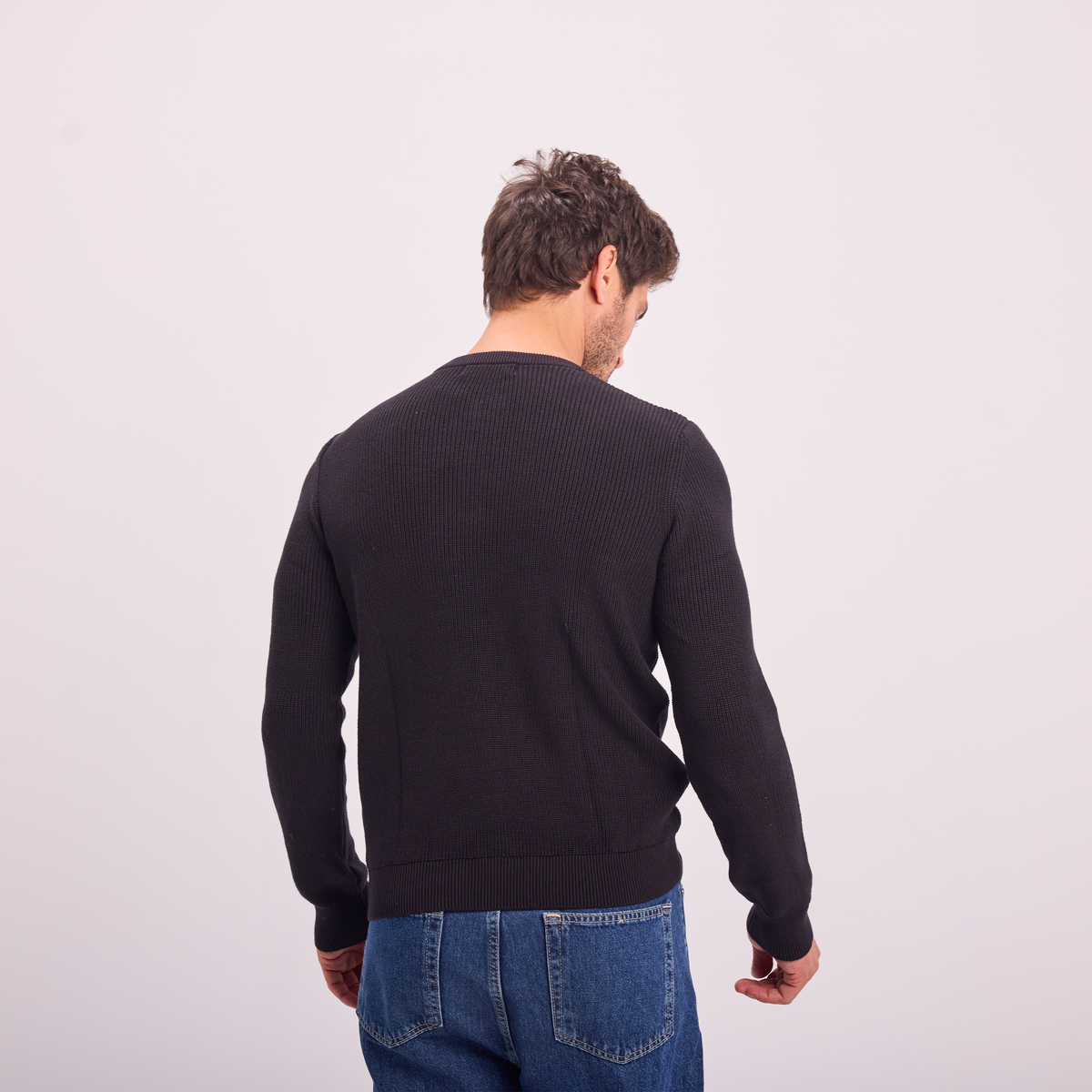 Knit Button-Neck Pullover in Black, SVNTY, view 2 of 6