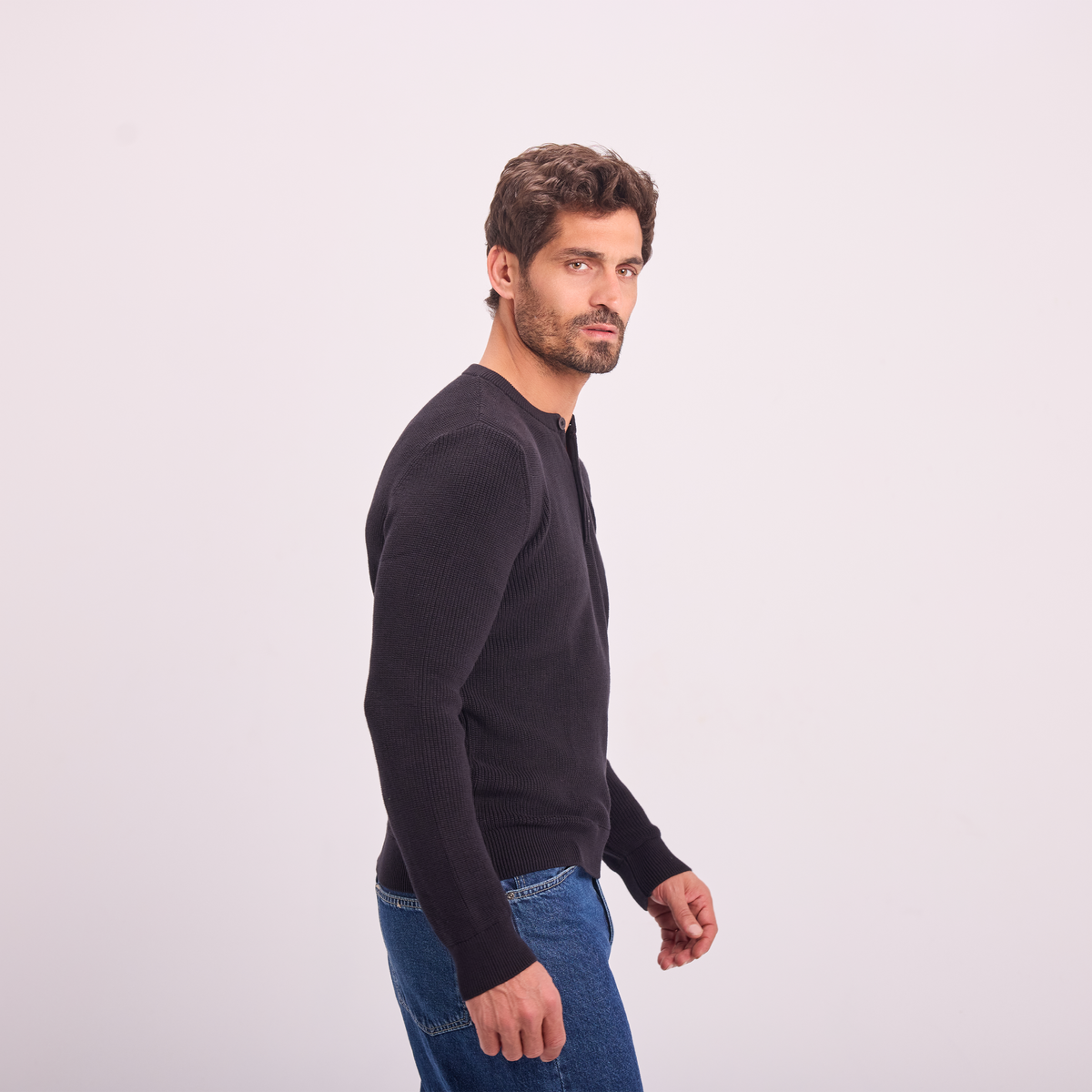 Knit Button-Neck Pullover in Black, SVNTY, view 3 of 6