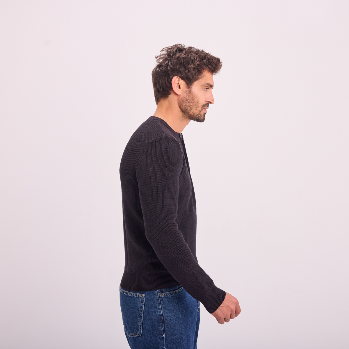 Knit Button-Neck Pullover in Black, SVNTY, view 4 of 6