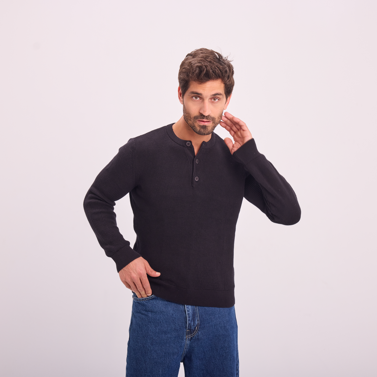 Knit Button-Neck Pullover in Black, SVNTY, view 5 of 6