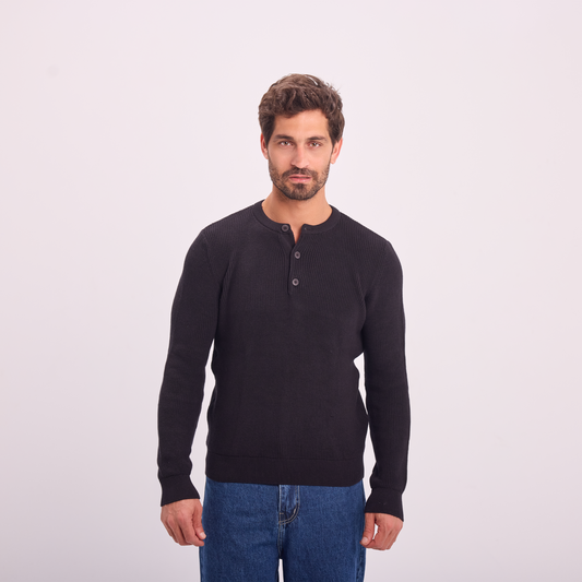 Knit Button-Neck Pullover in Black, SVNTY, view 1 of 6