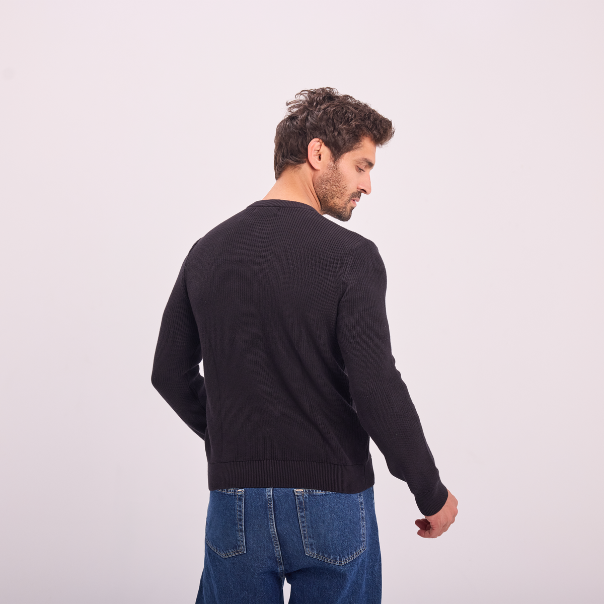 Knit Button-Neck Pullover in Black, SVNTY, view 6 of 6