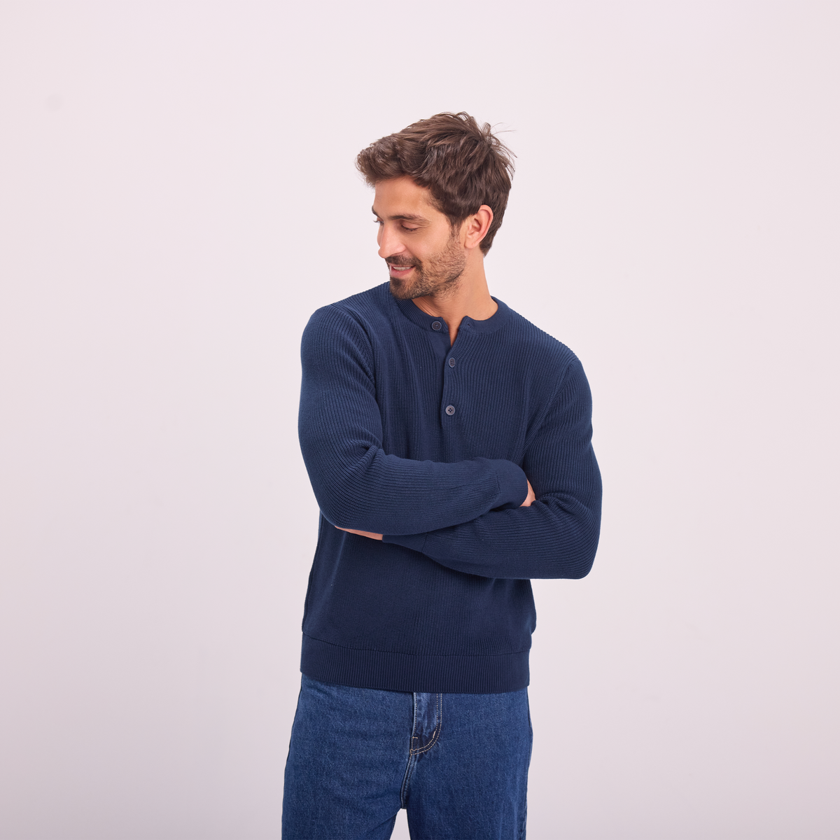 Knit Button-Neck Pullover in Navy, SVNTY, view 6 of 6