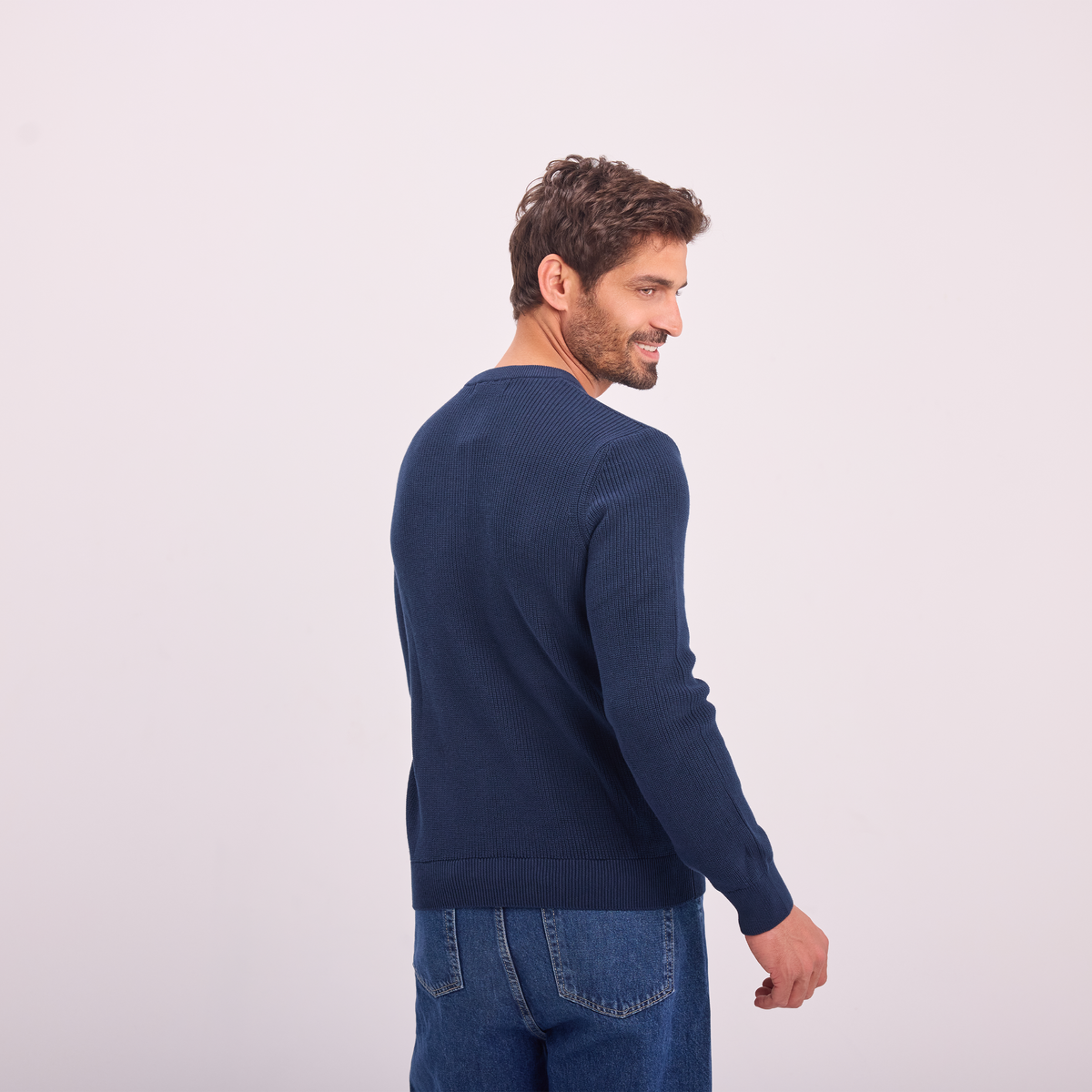 Knit Button-Neck Pullover in Navy, SVNTY, view 2 of 6