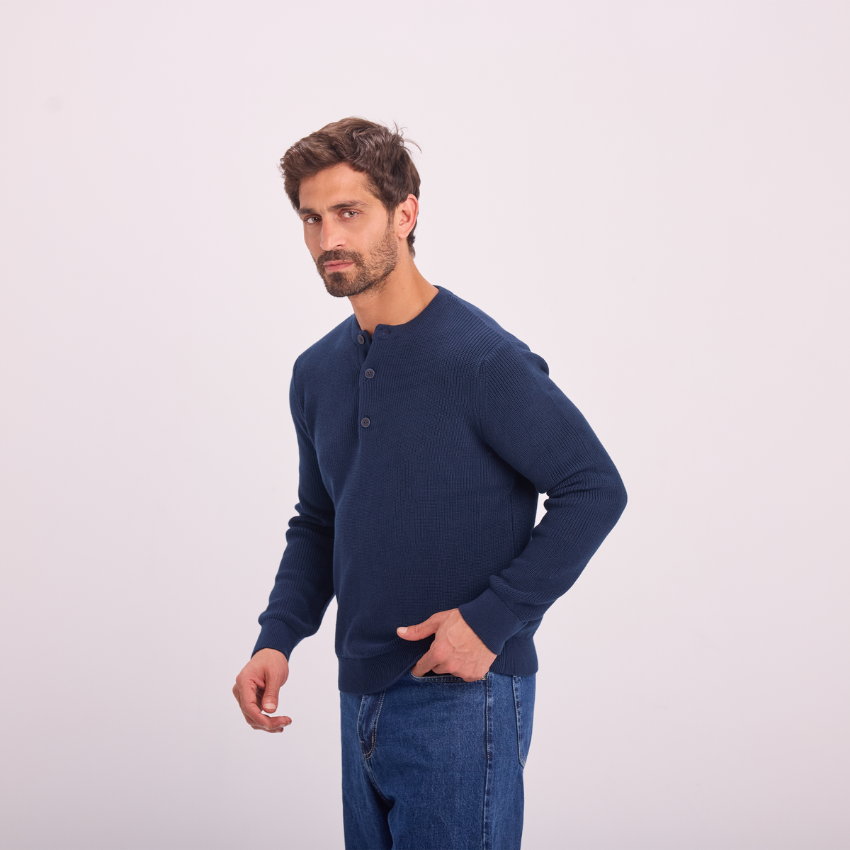 Knit Button-Neck Pullover in Navy, SVNTY, view 4 of 6