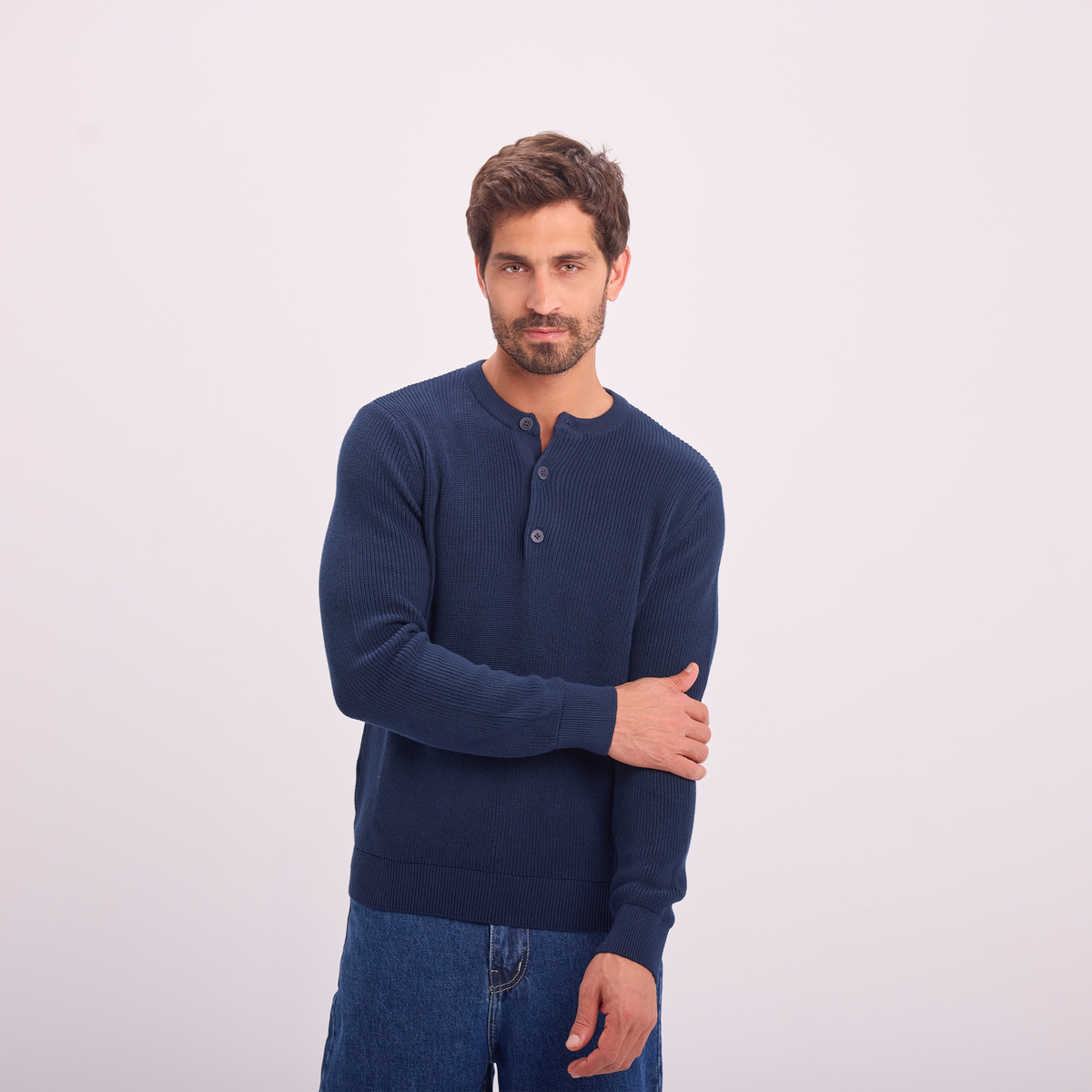 Knit Button-Neck Pullover in Navy, SVNTY, view 5 of 6