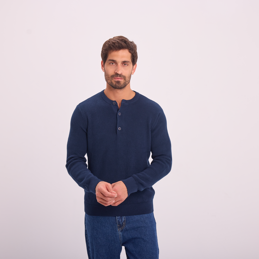 Knit Button-Neck Pullover in Navy, SVNTY, view 1 of 6