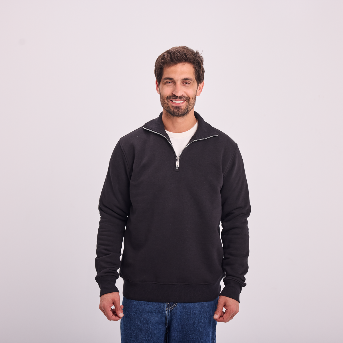 Quarter-Zip Sweatshirt in Black, SVNTY, view 1 of 6