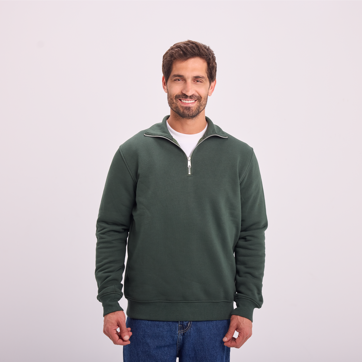 Quarter-Zip Sweatshirt in Olive, SVNTY, view 1 of 5