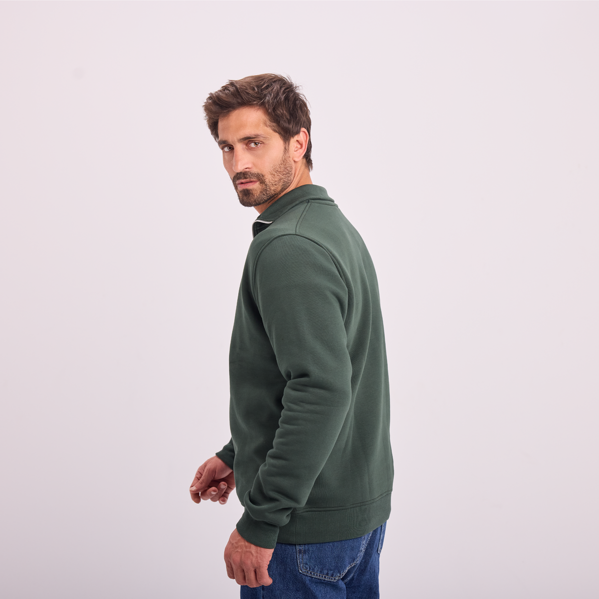 Quarter-Zip Sweatshirt in Olive, SVNTY, view 3 of 5